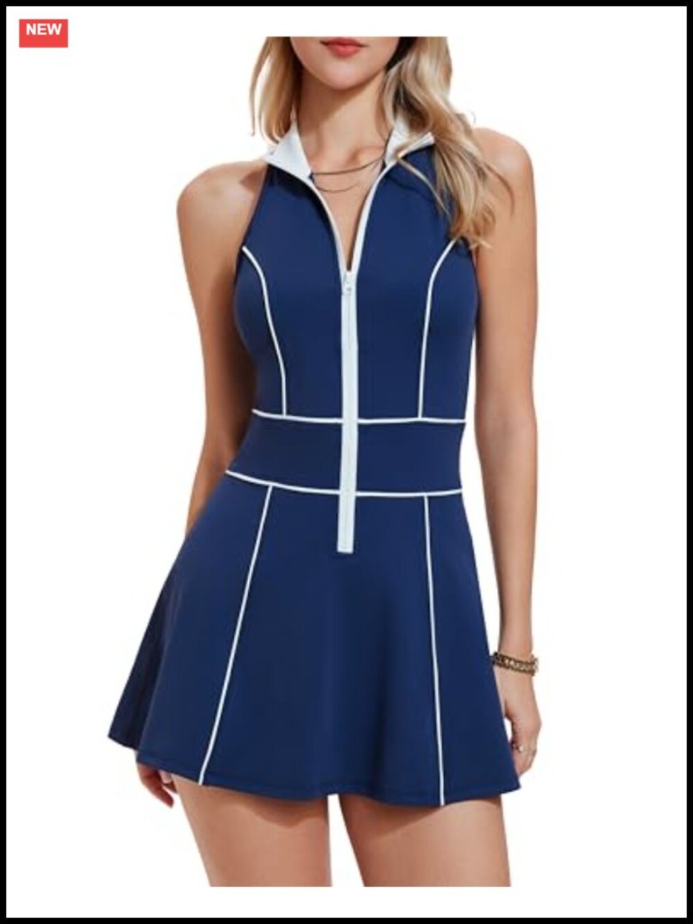 Bodycon Tennis Dress with Built-in Bra and Shorts, Racerback Half-Zip Athletic